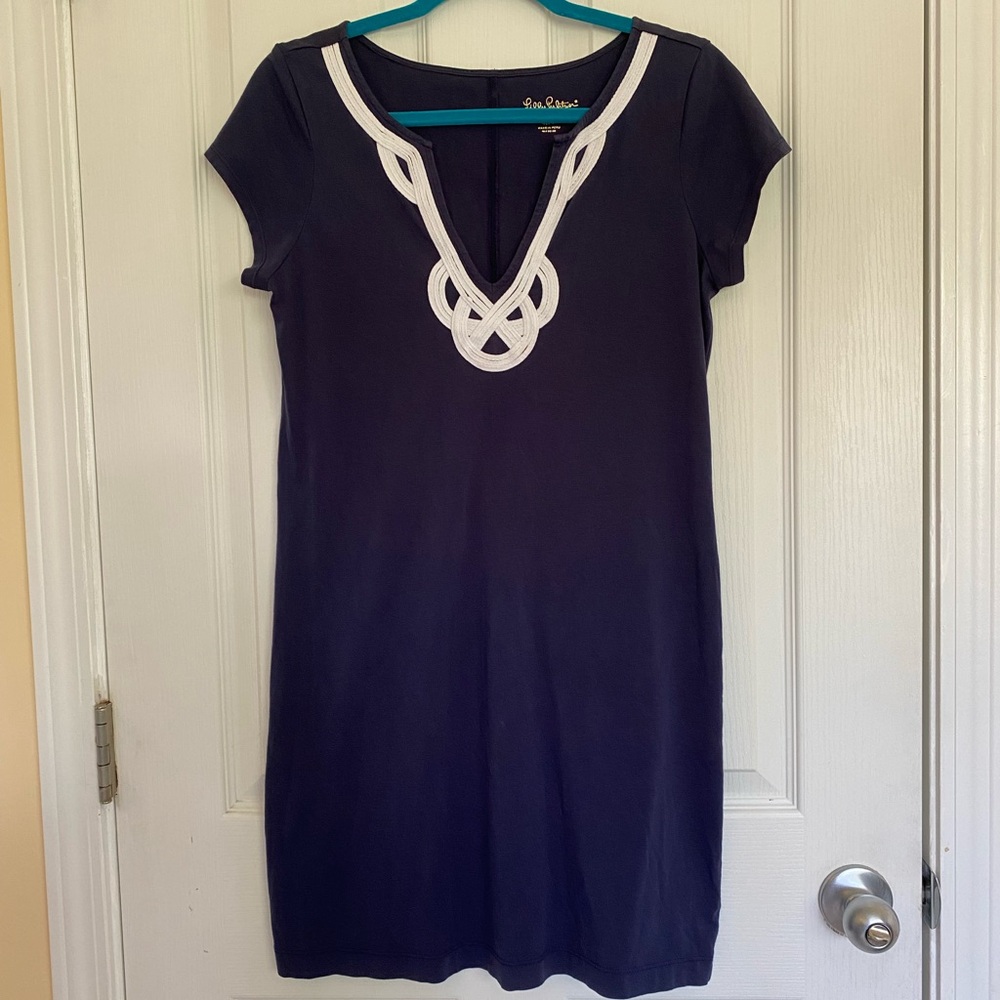 LILLY PULITZER Navy Brewster Embroidered Nautical T-shirt Dress Medium Cotton - Picture 4 of 11